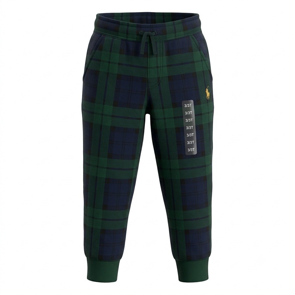 Polo Ralph Lauren Kids Black Watch Plaid Fleece Joggers Green Navy 3T NEW